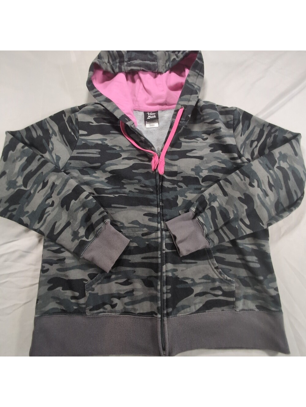 Hide and Seek gray camo zip hoodie with pink hood juniors